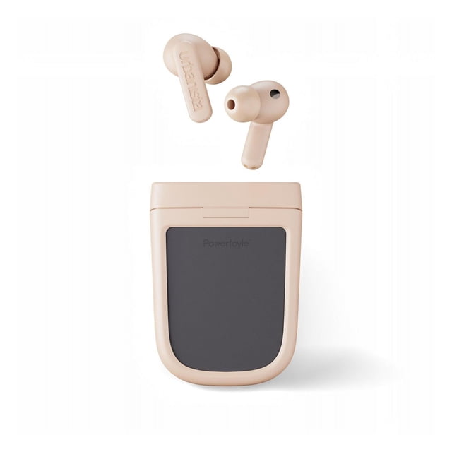 Urbanista Phoenix TWS solar charging true wireless earbuds in beige with a compact charging case featuring a black Powerfoyle solar cell panel, shown with both earbuds above the case on a white background, suitable for wireless audio and hands-free calls.