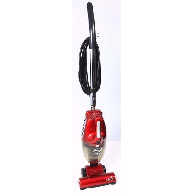 Ewbank Chilli 4 Cyclonic 2-In-1 Powerful 1000W Combi Stick / Hand Held Vacuum Cleaner in glossy red with black handle and coiled power cord, featuring a transparent dust container and motorized brush head, ideal for versatile cleaning of floors, upholstery, and tight spaces.