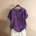 thumbnail image 2 of Dealovy Hauts en Coton et Lin pour Femmes, Col Rond, Manches Courtes, T-Shirts Brodés à Motif Floral, T-Shirts Grande Taille, 2 of 3