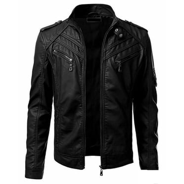 EGNMCR Jackets for Men Winter Men's Casual Stand Collar Motorcycle Leather Jacket Coat