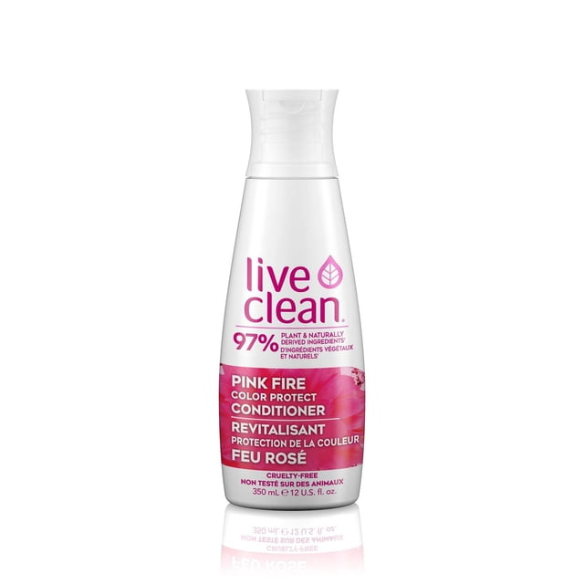 Live Clean Pink Fire Colour Protect Conditioner in a white 350 ml bottle with a flip-top cap, featuring pink and white text that highlights 97% plant and naturally derived ingredients, cruelty-free and hypoallergenic formula, designed for colour protection and hydration in hair care.