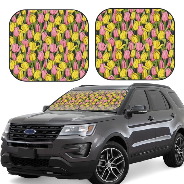 Vsdgher Tulips Flowers Print Car Windshield Sun Shade, Reflective Sunshade Window Sunshade Sun Visor Protector Fit for Cars,Trucks,SUVs-Small