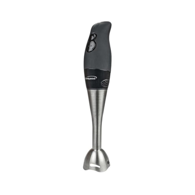 Brentwood 2-speed hand blender featuring a black ergonomic handle and stainless steel blending shaft for versatile kitchen use.