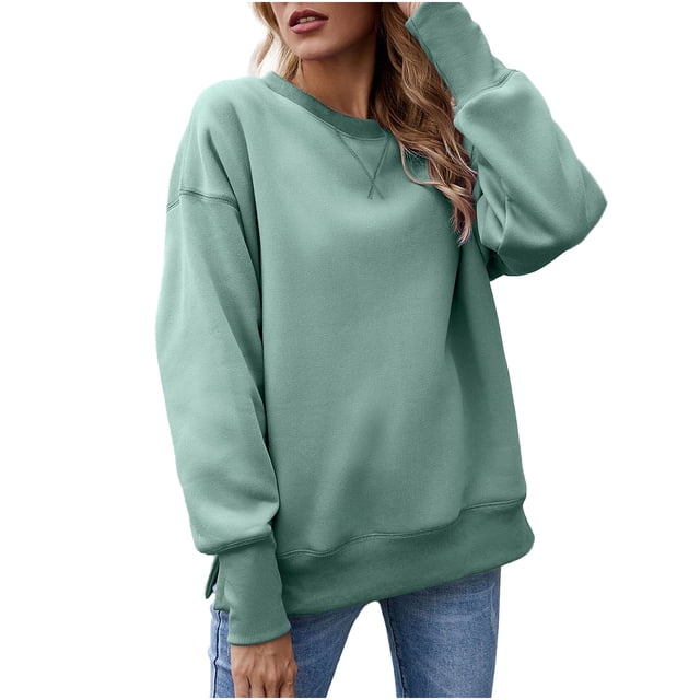 IROINID T-Shirt à Manches Longues en Polyester Réduit pour Femmes Chemises en Coton pour Femmes Quotidien Nouveau Bas Fendu en Molleton Col Rond Chandail avec Peluche et Chandail Épaissi, Vert
