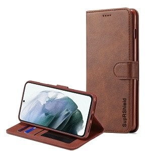Samsung Galaxy S21 Plus Étui Portefeuille en Cuir Véritable SupRShield Marron avec Support Magnétique