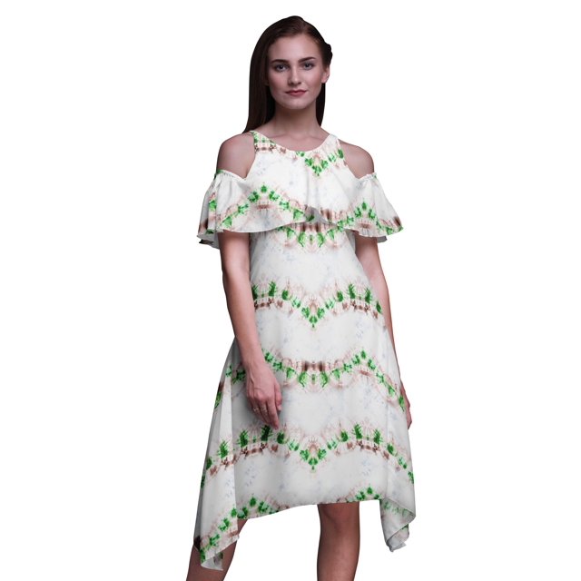 Bimba Robe Shift Épaules Dénudées Style Chic pour Femmes Imprimé Teinture sur Nœuds Vert Tunique d'Été - TTG