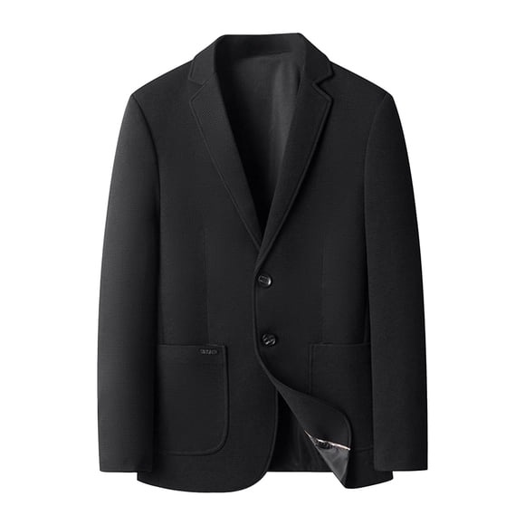 Casual Suit Jacket for Men with Notched Lapel and Two-Button Front in Solid Black Woolen Cloth, Long Sleeve, Standard Thickness