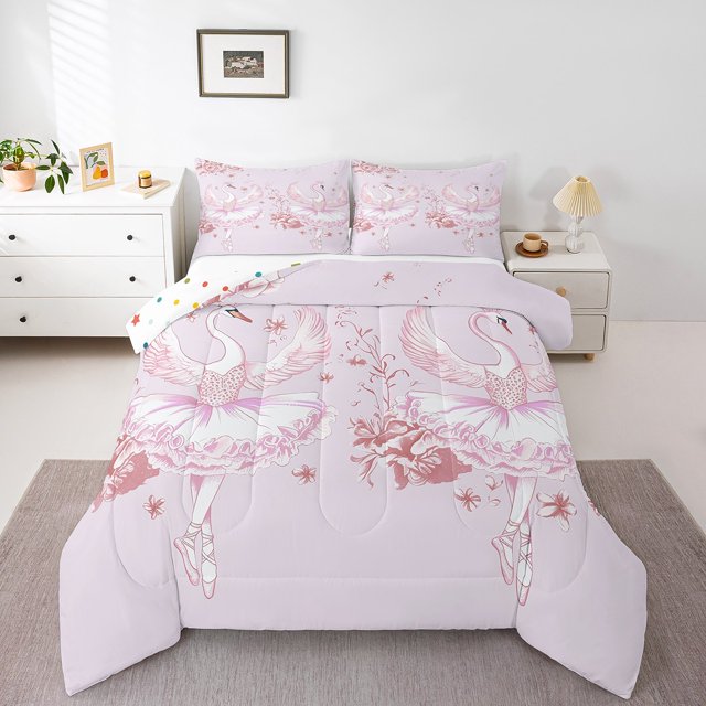 Girls Ballet Bedding Set,Ballet Swan Queen Comforter Set,Romantic Rose Down Comforter,Pink Dancing Swan Bed Set