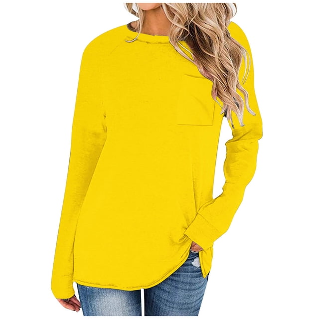 Timegard Womens Tops Crewneck Long Sleeve Drop Shoulder Basic Tee Fall Casual Loose Tops with Pocket