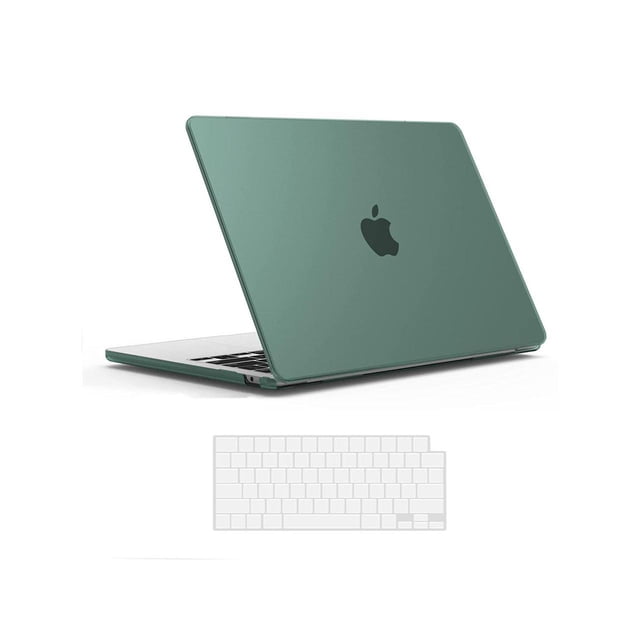 Compatible with MacBook Air 13.6 inch Case 2022 Model A2681 M2 Chip with Liquid Retina Display Touch ID, shown in a matte green finish. The protective laptop cover features a snap-on design, vent slots for heat dissipation, and rubberized feet for stability. Includes a silicone keyboard cover for spill protection. Designed to fit only the 2022 MacBook Air model A2681 with M2 chip and Liquid Retina Display. Apple logo is visible through the case.