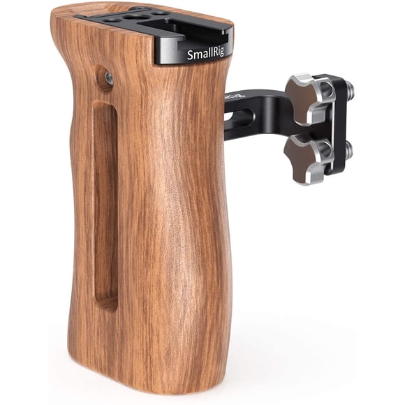 SMALLRIG Universal Side Wooden Handle Grip for DSLR Camera Cage w/Cold Shoe Mount, Threaded Holes - 2093B