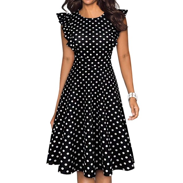 YATHON Robe Vintage à Volants Florale Évasée Ligne A Décontractée pour Cocktail (m YT001-Noir à Pois)