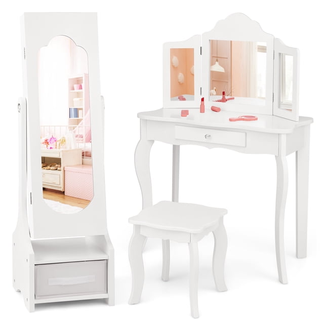 Costway Kids Vanity Set Princess Makeup Dressing Table & Chair Set with Jewelry Armoire in white. The set includes a vanity table with a tri-folding mirror, a matching stool, and a jewelry armoire cabinet with a full-length adjustable mirror. The vanity table features a detachable top, making it versatile as a writing desk. The jewelry armoire offers ample storage with 18 earring slots, 13 hooks, 64 ring slots, 3 shelves, 2 drawers, and a foldable fabric drawer. Designed with safety in mind, it includes anti-toppling devices and a sturdy triangle structure. Ideal for kids' bedrooms or dressing rooms.