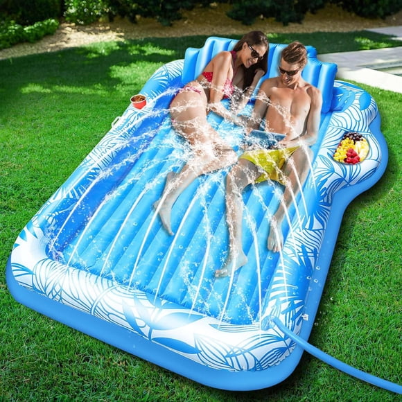 Matelas Gonflable de Bronzage Extra Grand 83 Pouces X 63 Pouces pour Piscine avec Gicleur, Matelas Flottant pour Adultes avec Oreiller et Porte-Gobelet, Lit de Bronzage Gonflable pour l'Eau, Radeau de Piscine Flottant pour