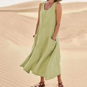 zanvin summer dress for women , Women's Summer Fashion Casual Solid Color Sleeveless Cotton Linen Long Dress for wedding guest,Green