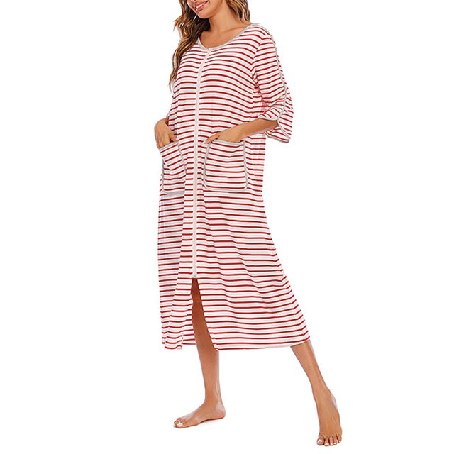 Langgg Polyester Robe de Nuit pour Femmes en de Rechange Col Rond Fermeture Éclair Cardigan Respirant Peignoir de Maison et de Bureau Tenue de Nuit Vêtements de Nuit Rouge TTG