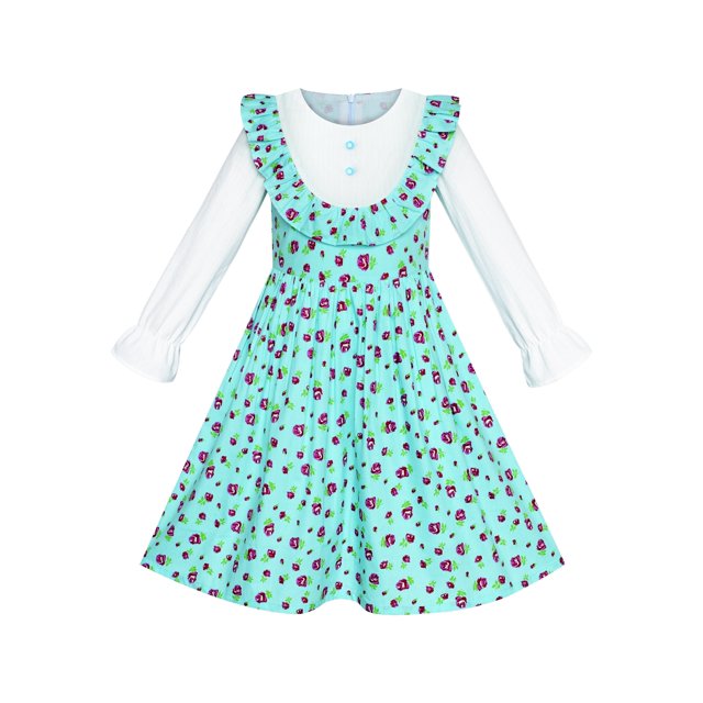 Robe Fille Bleue Florale Manches Longues Coton Décontractée 5 Ans