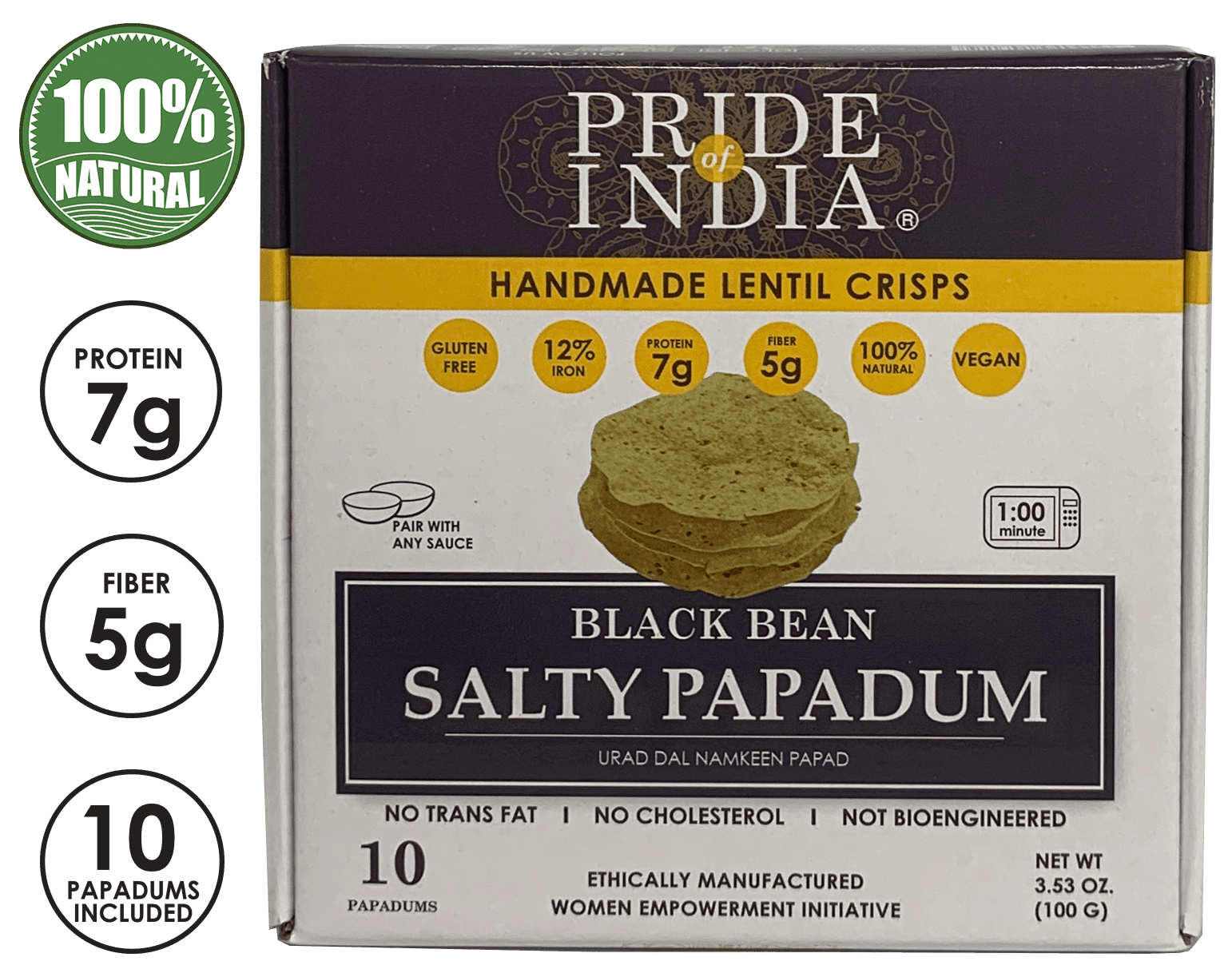 Pride Of India - Salty Black Bean Namkeen Papadum Lentil Crisp - 10 count (3.53oz - 100gm) - Lentil Chips, Gluten-Free Crackers, Healthy Snacks, Indian Snacks, Lentil Crackers