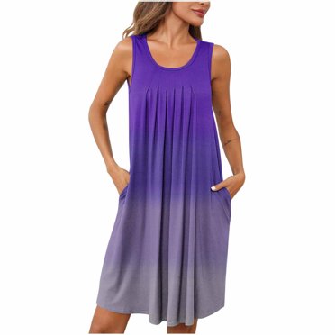 cfhntfmh Chemises de Nuit pour Femmes Décontractées Imprimées Sans Manches Vêtements de Nuit avec Poches Douces Fluides Plissées Col Rond Chemises de Nuit