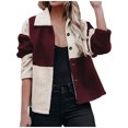 thumbnail image 1 of IROINID Veste Courte en Shearling pour Femmes, Col Rabattu, Couleur Contrastée, Manches Longues, Manteau Décontracté Chaud, Veste d'Hiver à Boutons, Patchwork, Vin, 1 of 6