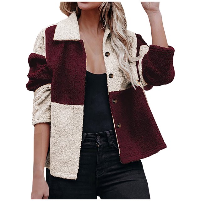 IROINID Veste Courte en Shearling pour Femmes, Col Rabattu, Couleur Contrastée, Manches Longues, Manteau Décontracté Chaud, Veste d'Hiver à Boutons, Patchwork, Vin