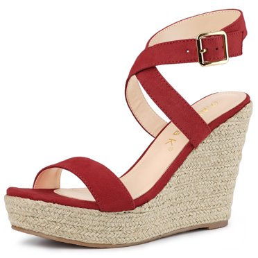 BLISSFUL STEP Women's Slingback Crisscross Espadrille Wedge Sandals Red 9