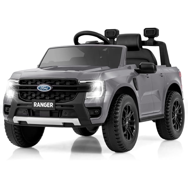 Licensed Ford Ranger Ride on Car for Kids by OLAKIDS in grey, a 12V electric vehicle with remote control. Features include two driving modes, seat belts, suspension system, non-slip tires, LED headlights, and a storage compartment. Suitable for children aged 3-6 years, it offers speeds of 1.86-3.1 mph and includes multimedia options like Bluetooth and USB connectivity.