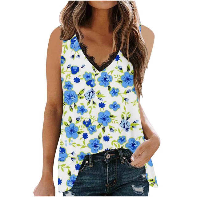 Cameland Débardeur Blouse Sans Manches à Col en V en Dentelle Patchwork Imprimée pour Femme