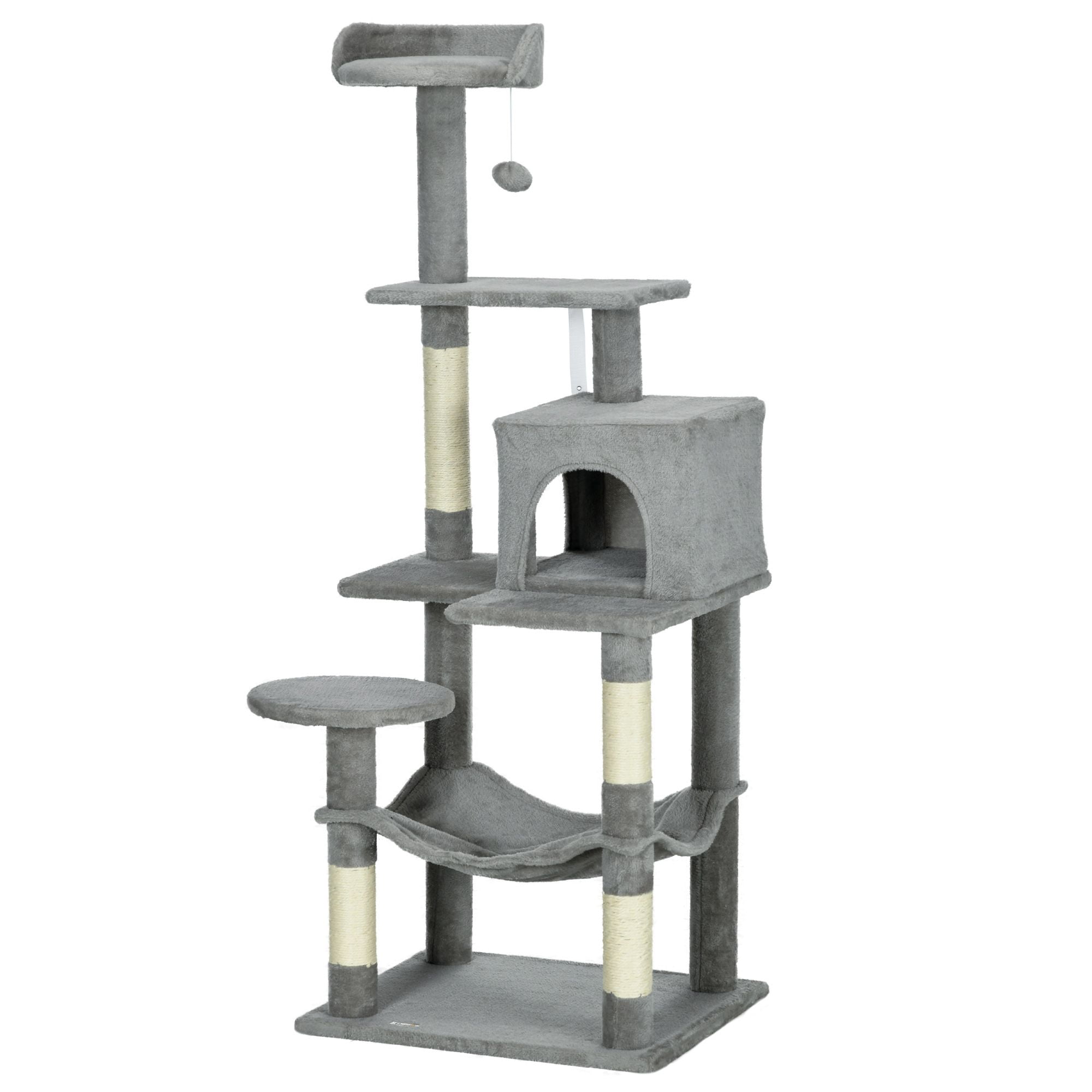 56" Grey Multi-Level Cat Tree with Condo, Hammock & Scratching Posts - Indoor Cat Tower for Living Room & Bedroom Relaxation