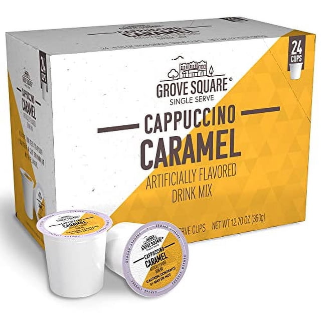 Grove Square Dosettes de Cappuccino, Caramel, Portion Individuelle (Lot de 24) Affichées avec une Boîte avec accents Jaunes et Image de Marque. Deux Dosettes de Café Individuelles Sont Indiquées au Premier Plan, Mettant en Valeur la Saveur Caramel et le design à Portion Individuelle.