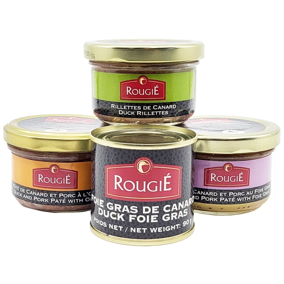 Rougie Foie Gras & Spreads 4-Pack - Block of Duck Foie Gras, Pate with Foie Gras, Rillettes and Pâté with Orange, Product of Canada