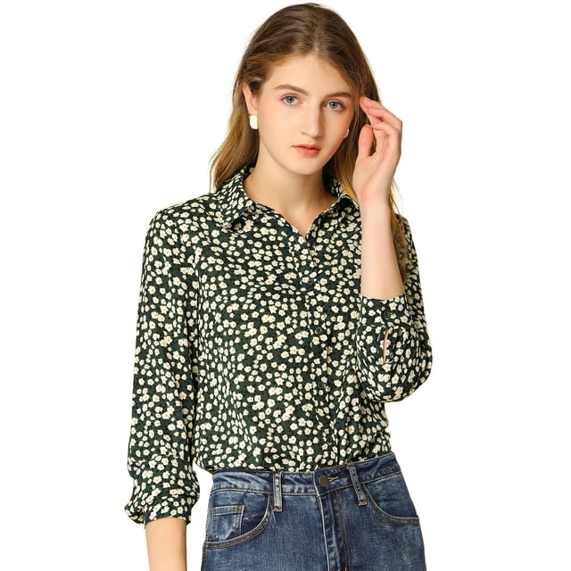 INSPIRE CHIC Women's Button Down Long Sleeve Ditsy Floral Shirt