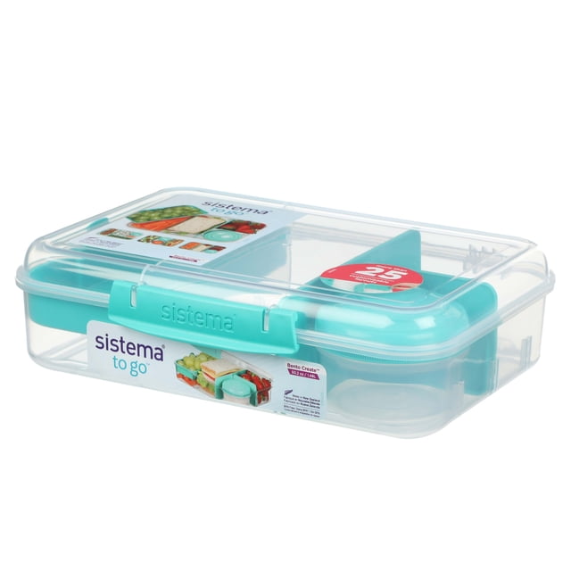 Sistema To Go Bento Box Create lunch box with compartments and snack container, 1.48 L BPA-free clear plastic with minty teal locking clips and removable dividers for customizable meal prep and food storage, including a 150 ml container for sauces or snacks.