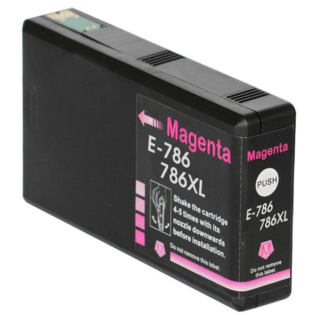 L-ink Compatible Epson 786XL Magenta Ink Cartridge (T786XL320) shown in a close-up angled view, featuring a black rectangular plastic body with a magenta label marked E-786 786XL, instructions to shake the cartridge 4-5 times before installation, and a push button on the side, suitable for use in Epson printers as an economical printing supply.