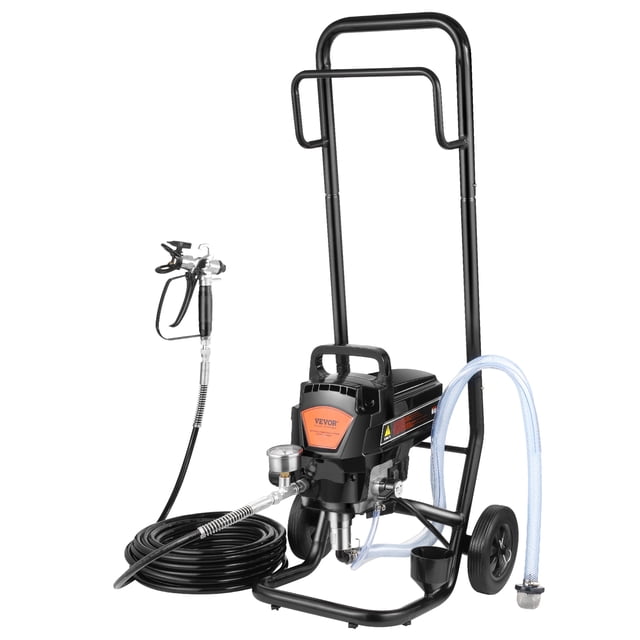 VEVOR Stand Airless Paint Sprayer with a 950W motor, 3000 PSI pressure, and fan-shaped atomization for fine, even coatings. Features a durable all-metal frame, rubber wheels, and a detachable pump for easy cleaning. Includes a high-pressure spray gun, 50 ft hose, and adjustable gears for precise paint control. Suitable for medium to large projects like walls, ceilings, and furniture.