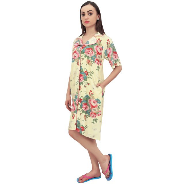 Bimba Chemise de Nuit à Manches Courtes pour Femmes, Jaune Pâle à Imprimé Floral - 22