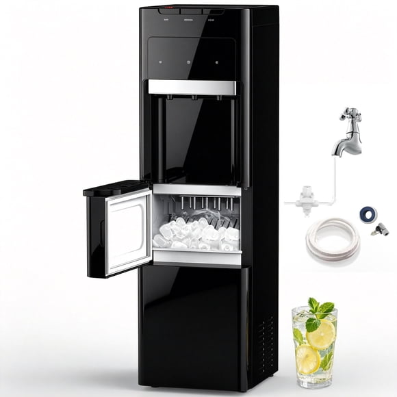 IKT Hot and Cold Bottleless Water Cooler Dispenser with Ice Maker, 27 lbs Daily Capacity, Child Safety Lock, Black, No Filter, 3 in 1 Freestanding Water Dispenser for Home Office