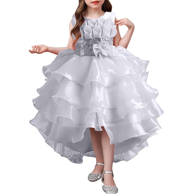 XDZJLR Girl Dresses Children'S Solid Color Irregular Mesh Lace Knee Length Trailing Wedding Puffy Princess Clothing