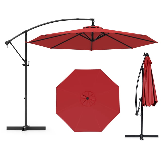 Gymax 10 FT Patio Offset Umbrella w/ X-shaped Base Infinite Tile & 360° Rotation Red