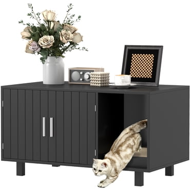 PawHut Cat Litter Box Enclosure Cat House End Table with Scratcher, Black