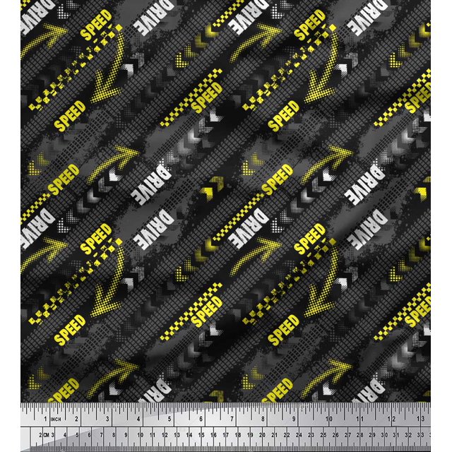 Soimoi Black Moss Georgette Fabric Brush Stroke & Speed Drive Text Decor Fabric Printed Yard 42 Inch Wide