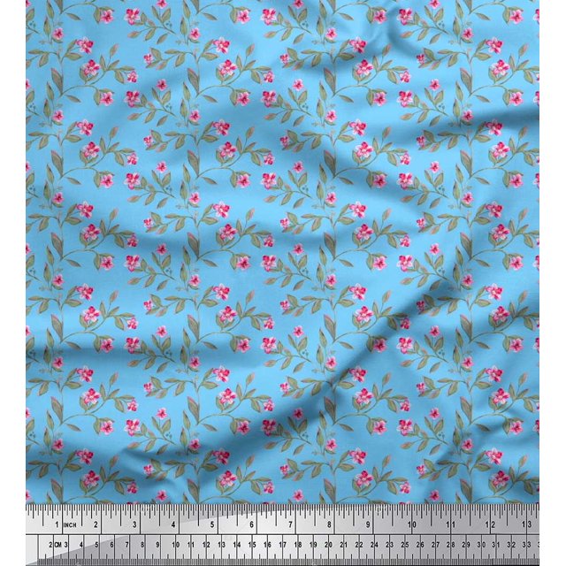 Soimoi Blue polyester Crepe Fabric Leaves & Azalea Floral Fabric Prints By Yard 52 Inch Wide
