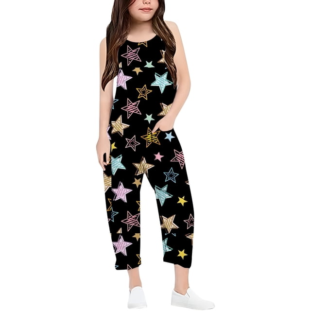 Girls Overall Star Print Jumpsuits Rompers for Girls Casual V Neck Suspender Rompers with Pockets Cute Clothes 7-8 Y