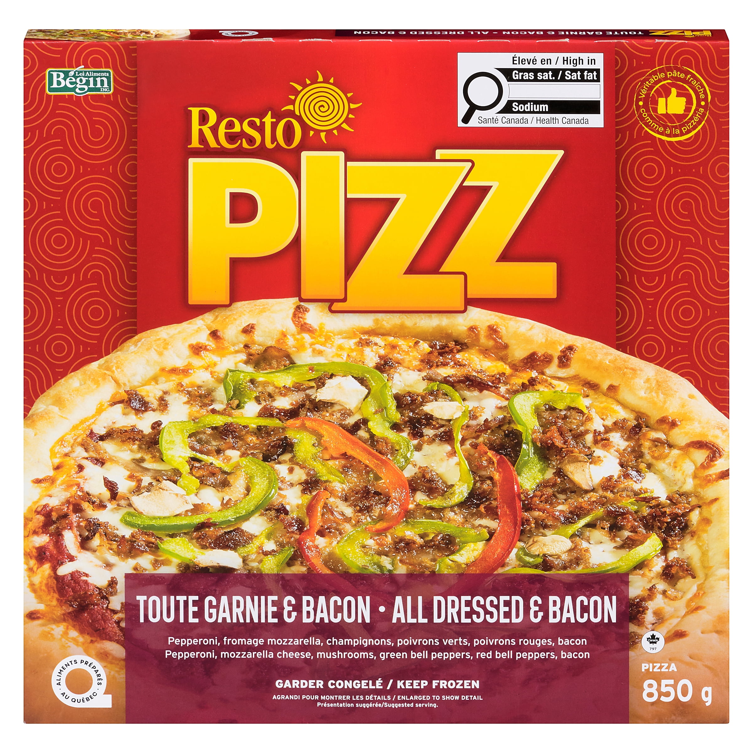 Pizza garnie bacon surgelée Resto PIZZ 850g (Contient : Soya, Blé, Lait) Toute Garnie & Bacon 850g