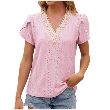 Meichang T-Shirts à Illets pour Femmes, Col en V en Dentelle, Manches Courtes, Hauts Habillés Décontractés pour le Travail, Légers et Confortables pour l'Été, Violet TTG