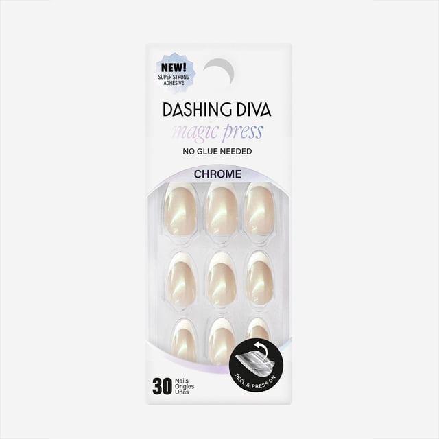 DD - MAGIC PRESS - GLAZED FRENCH ALMOND press-on nails by Dashing Diva featuring medium-length almond shape with glossy finish, sheer nude base, white French tips, and shimmery chrome effect. Includes 30 nails with pressure-sensitive adhesive for waterproof, chip-proof wear up to 10 days and easy removal with Magic Off+.