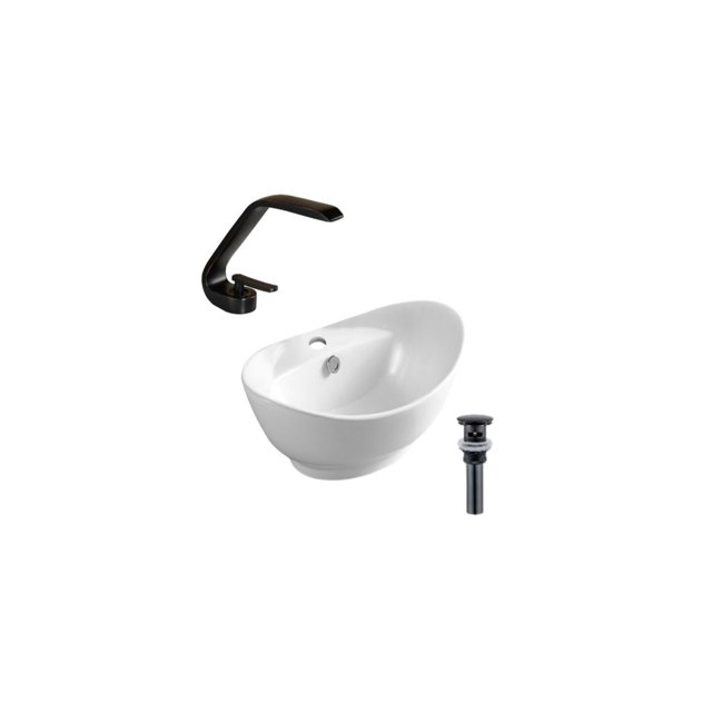 DROP Bath and Kitchen DR091311 Bathroom Vessel Sink Set with a white oval ceramic vessel sink featuring a gloss finish and overflow hole, paired with a black single-hole faucet and matching black drain, designed for above-counter installation and suitable for modern bathroom renovations.