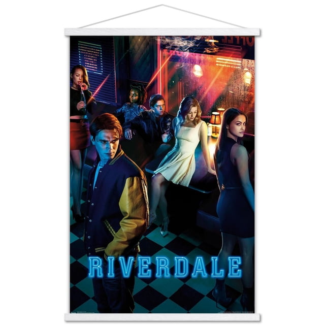 Riverdale - Affiche Murale d'Art Clé, 22,375 Po x 34 Po Représentant six Jeunes Adultes dans un diner Éclairé au Néon avec un Plancher à Carreaux Noir et Blanc et un Éclairage d'Ambiance Coloré, Présentant le Titre « Riverdale » Bleu Lumineux au Bas, Imprimée sur du Papier Affiche Lustré, Convient à la Décoration Murale de Chambre Ou de Dortoir.