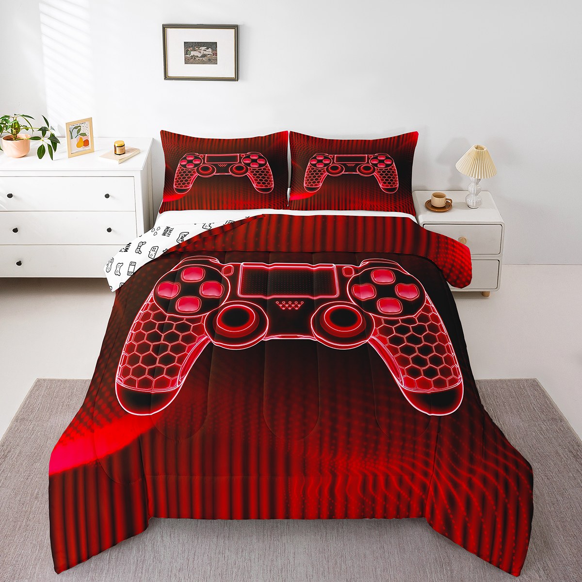 Erosebridal Modern Gamepad Bedding King Comforter Set, Gradient Geometric Down Comforter, Gaming Sports Decor, Super Cozy