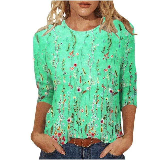 IROINNID en Solde T-shirt à Manches Longues en Polyester pour Femmes T-shirt Imprimé Confortable Blouse Mi-Longue Col Rond, Vert